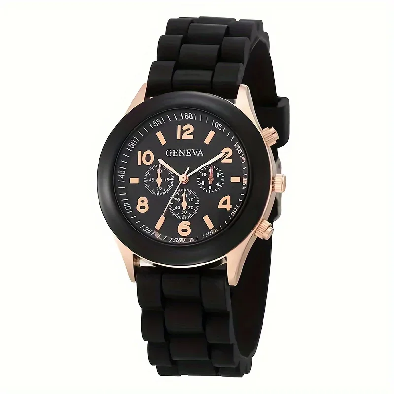 Sportowy zegarek kwarcowy z silikonowym paskiem i potrójną tarczą Czarny