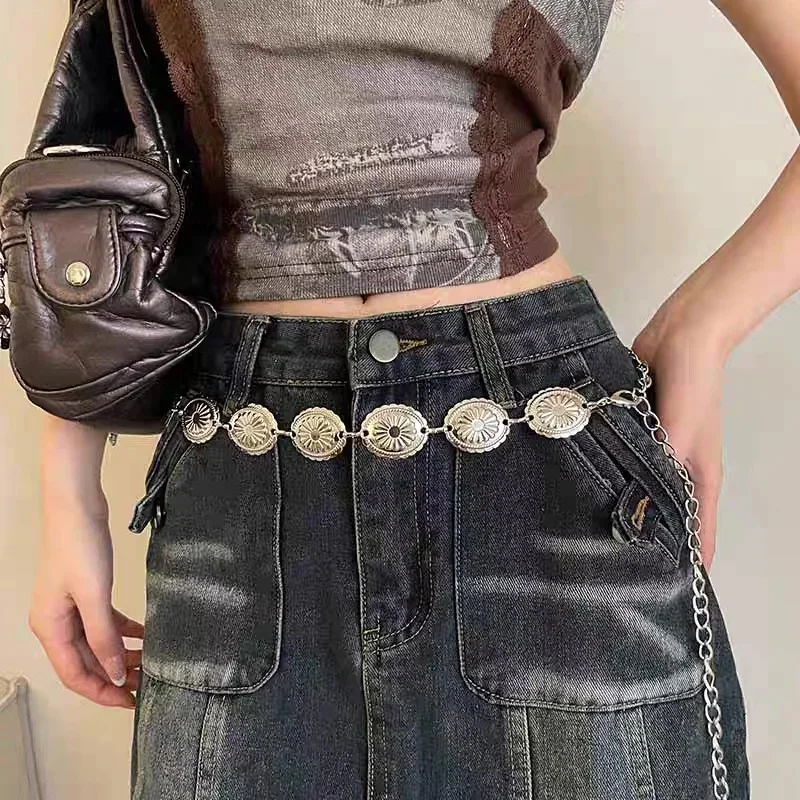 Srebrny łańcuch na talię retro do spódnic i jeansów Szary