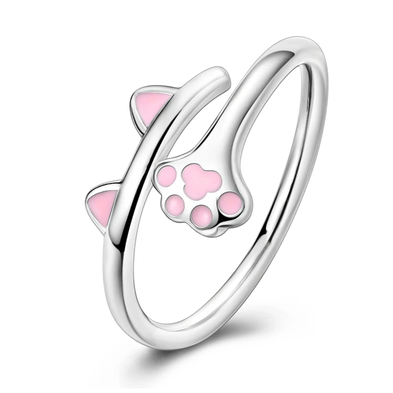 Srebrny pierścionek z kotkiem - łapki i uszka, próba 925 Biały