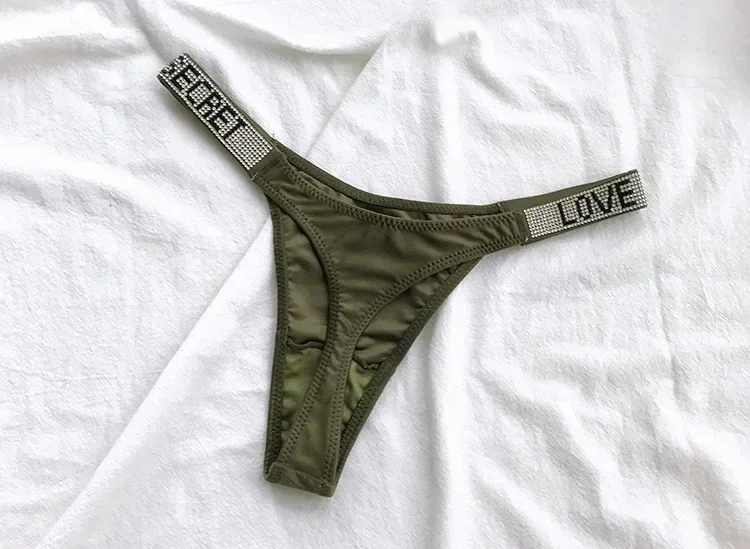 Stringi damskie z kryształkami rhinestone, seksowna tanga Armijna zieleń