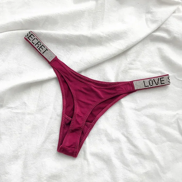 Stringi damskie z kryształkami rhinestone, seksowna tanga Bordowy