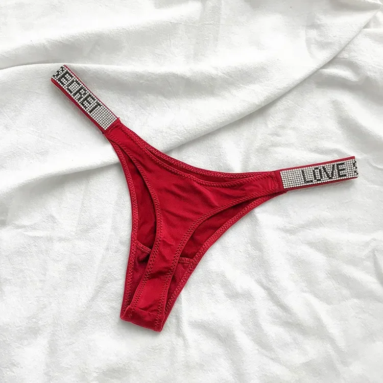 Stringi damskie z kryształkami rhinestone, seksowna tanga Czerwony