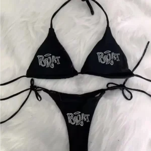 Strój kąpielowy bikini Y2K z cyrkoniami i wiązaniem Czarny