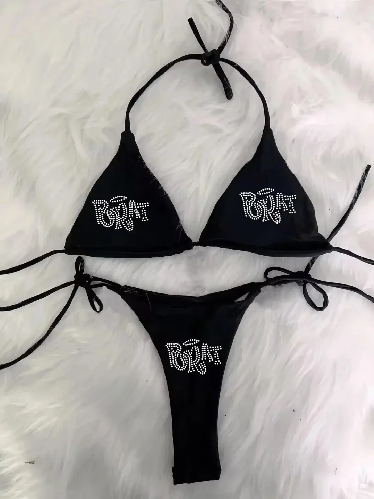 Strój kąpielowy bikini Y2K z cyrkoniami i wiązaniem Czarny