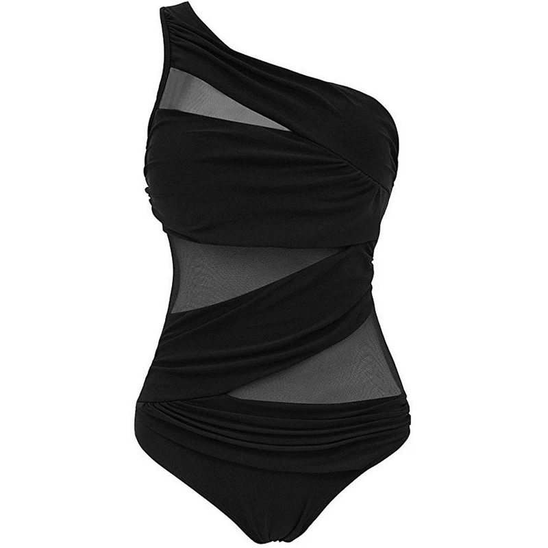 Strój kąpielowy plus size na jedno ramię z siateczką Czarny