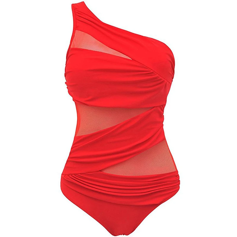 Strój kąpielowy plus size na jedno ramię z siateczką Czerwony