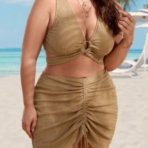 Trzyczęściowy strój kąpielowy plus size z push-upem i spódniczką Różowy