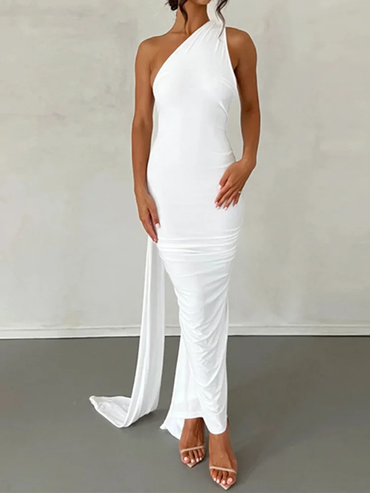 Sukienka bodycon maxi na jedno ramię Y2K na imprezę Biały