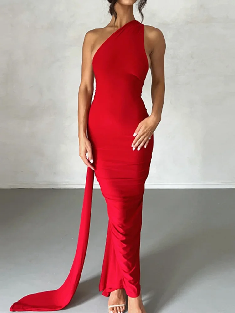 Sukienka bodycon maxi na jedno ramię Y2K na imprezę Czerwony