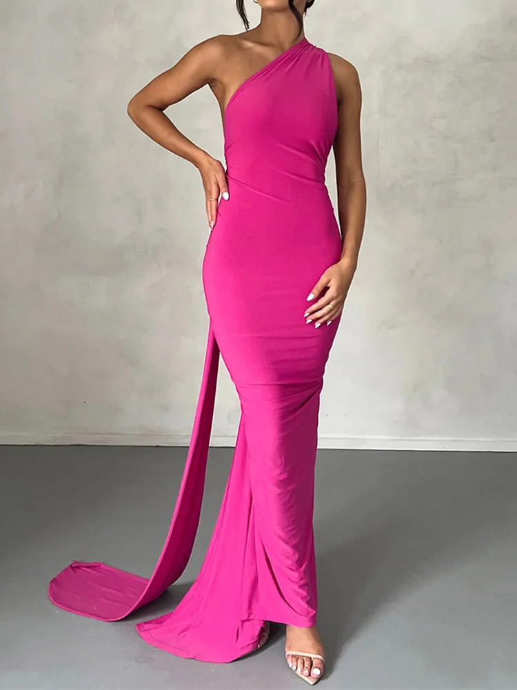Sukienka bodycon maxi na jedno ramię Y2K na imprezę Róża czerwona