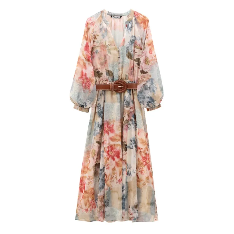 Sukienka boho maxi w kwiaty z bufiastymi rękawami i paskiem Wielo