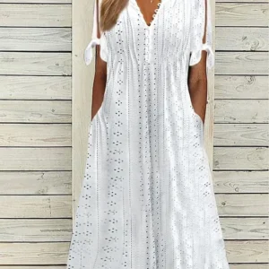 Sukienka boho midi z ażurowymi detalami i odkrytymi ramionami Biały
