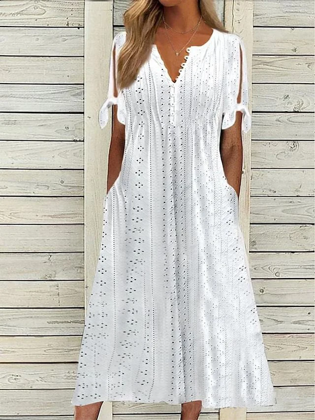 Sukienka boho midi z ażurowymi detalami i odkrytymi ramionami Biały