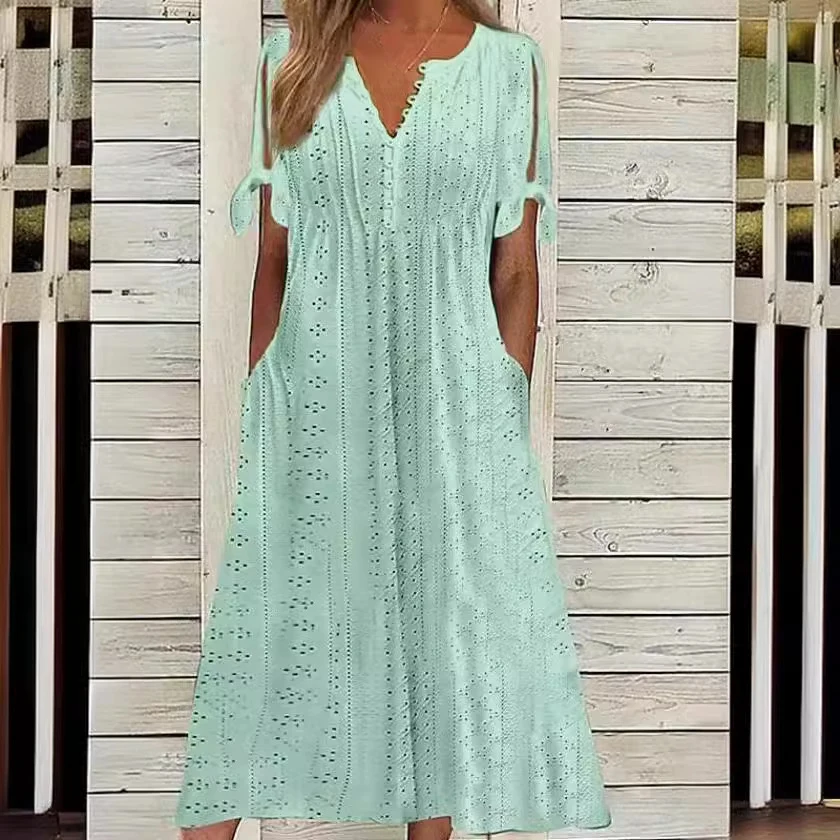 Sukienka boho midi z ażurowymi detalami i odkrytymi ramionami Mięta