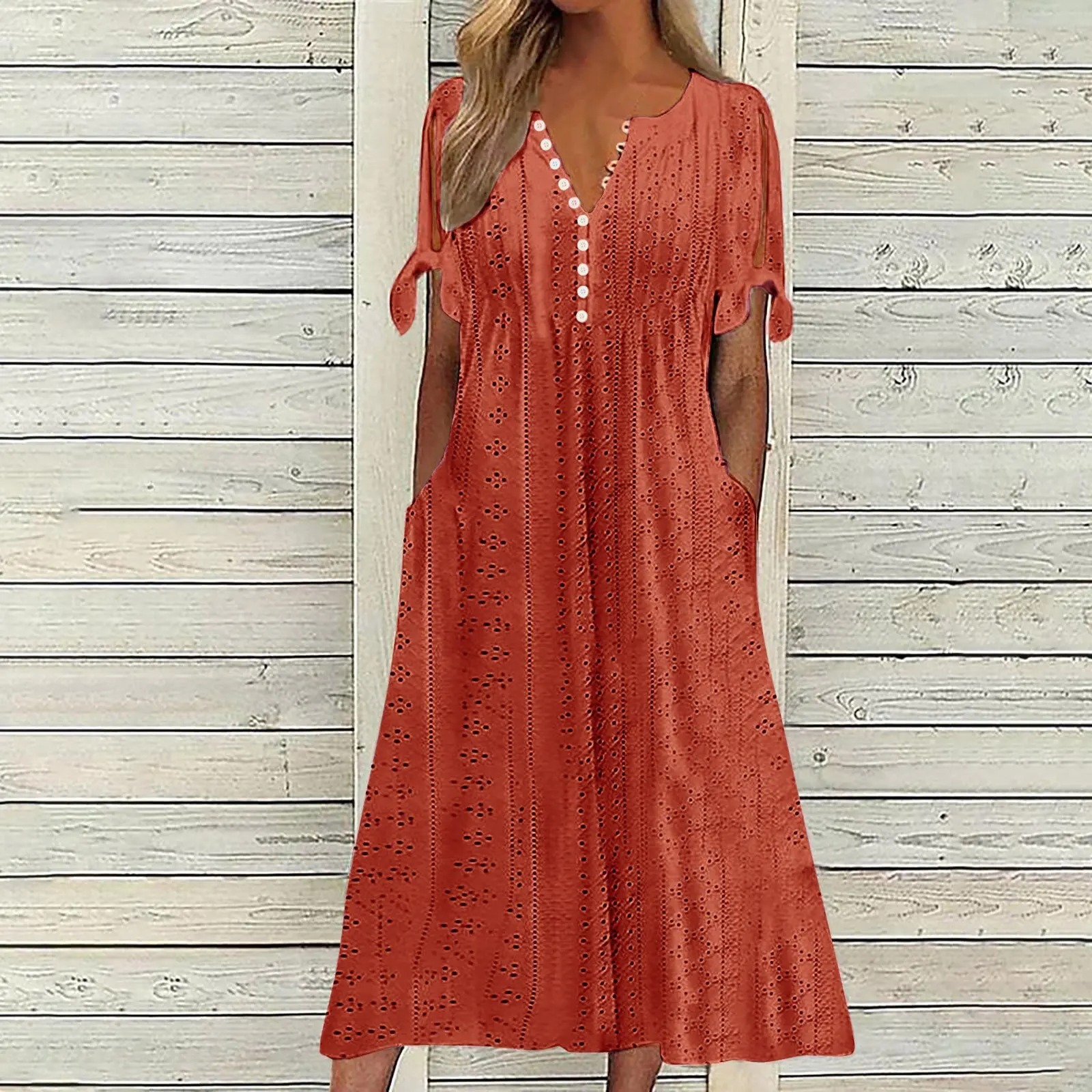 Sukienka boho midi z ażurowymi detalami i odkrytymi ramionami Pomarańczowy