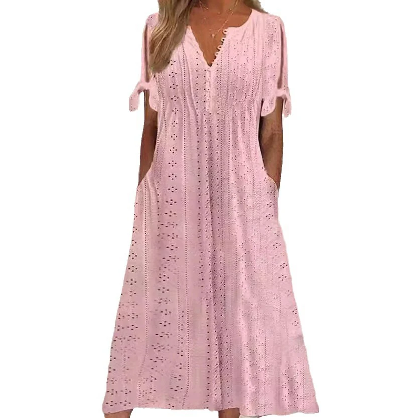 Sukienka boho midi z ażurowymi detalami i odkrytymi ramionami Różowy