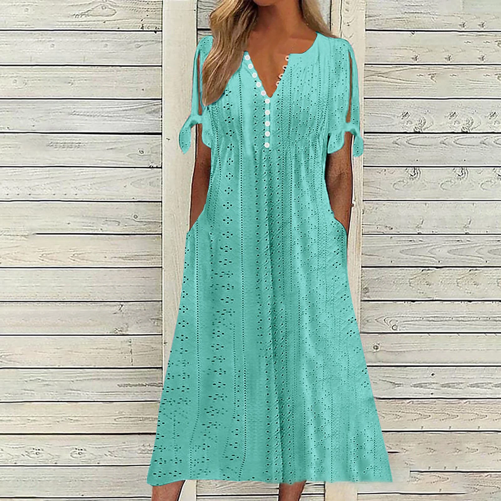 Sukienka boho midi z ażurowymi detalami i odkrytymi ramionami Zielony