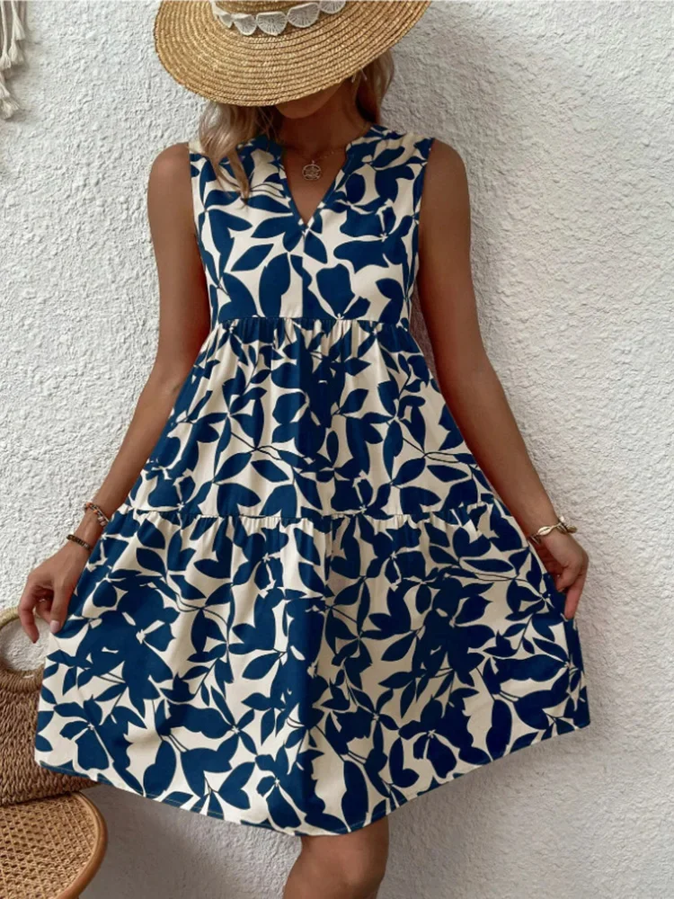 Sukienka boho mini z falbaną i dekoltem w serek Granatowy
