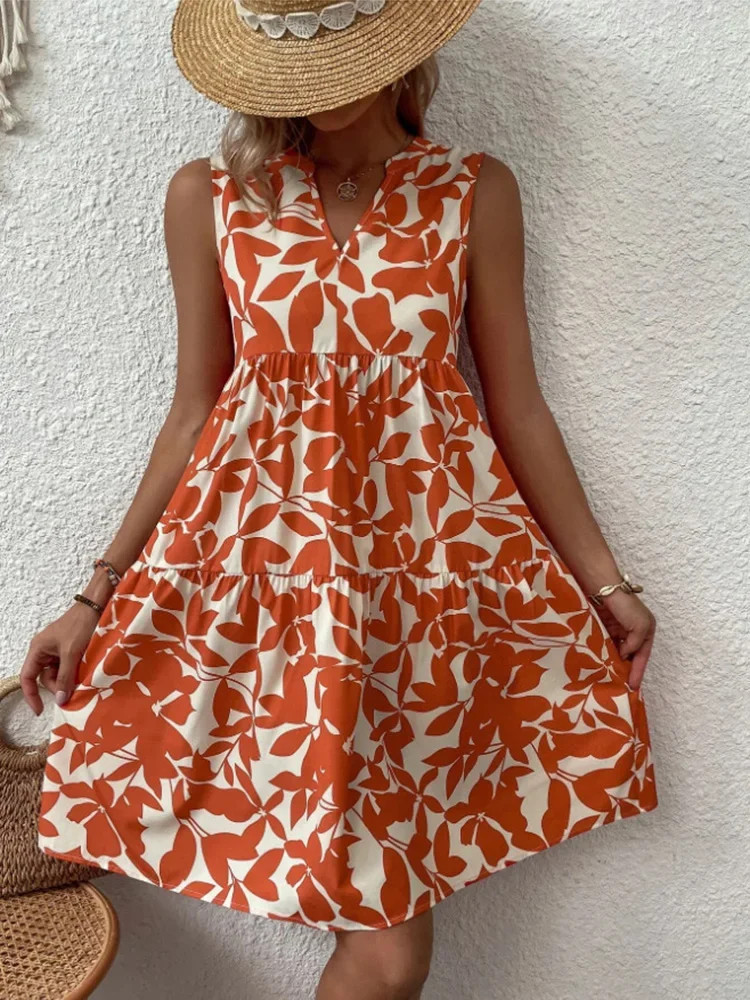 Sukienka boho mini z falbaną i dekoltem w serek Pomarańczowy
