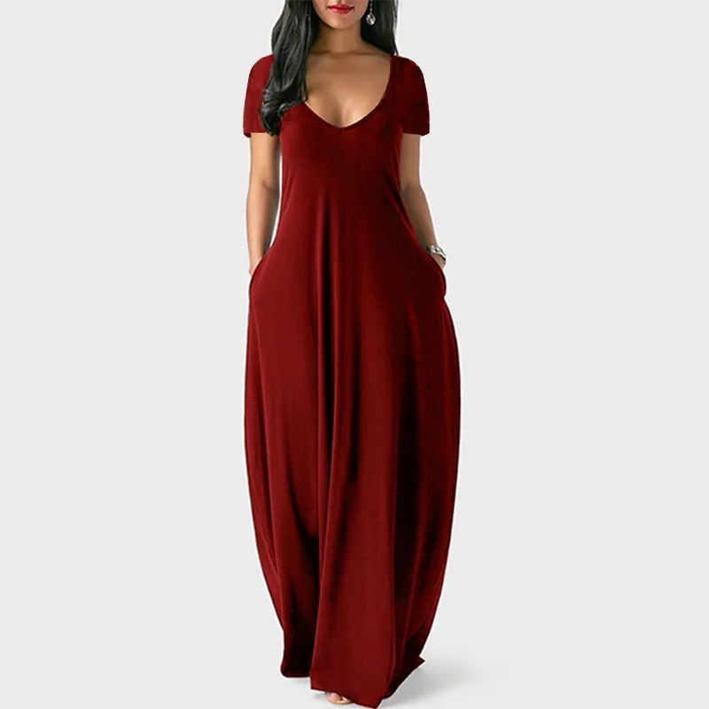 Sukienka damska plus size z dekoltem V Kolor czerwonego wina