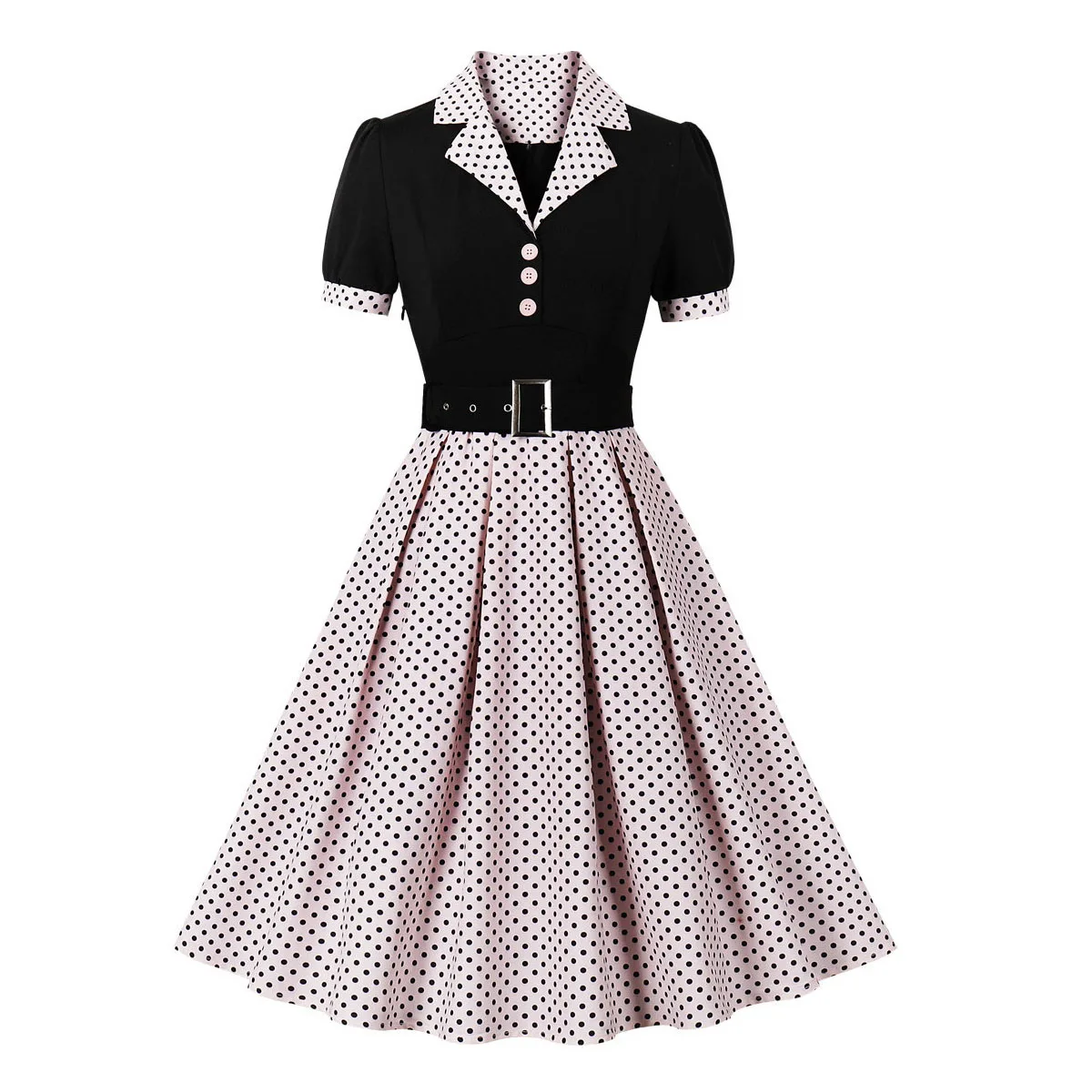 Sukienka w grochy rockabilly z paskiem i krótkim rękawem Beżowy