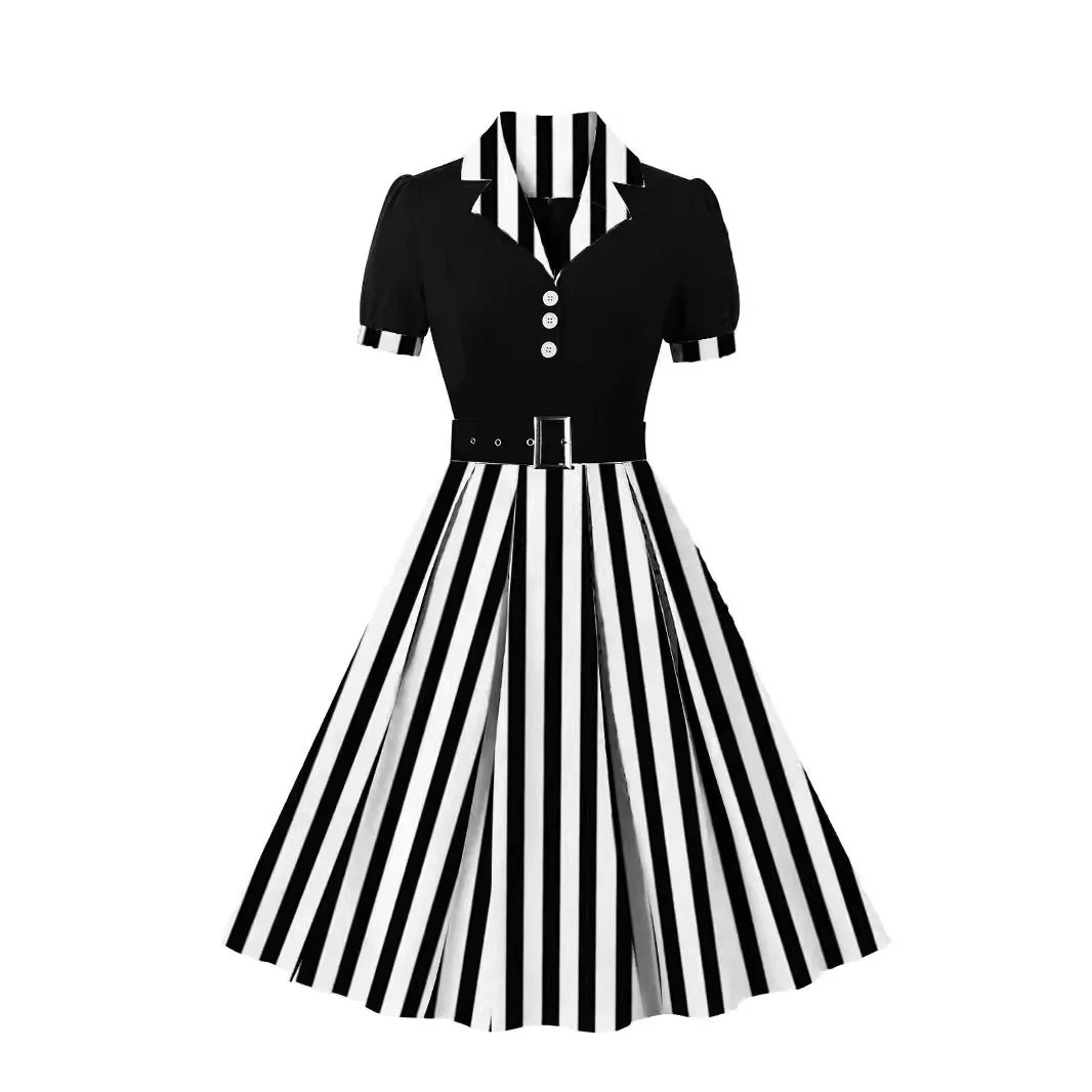 Sukienka w grochy rockabilly z paskiem i krótkim rękawem Biały