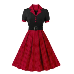 Sukienka w grochy rockabilly z paskiem i krótkim rękawem Czerwony