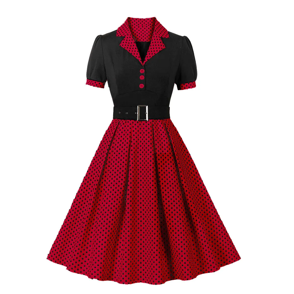 Sukienka w grochy rockabilly z paskiem i krótkim rękawem Czerwony