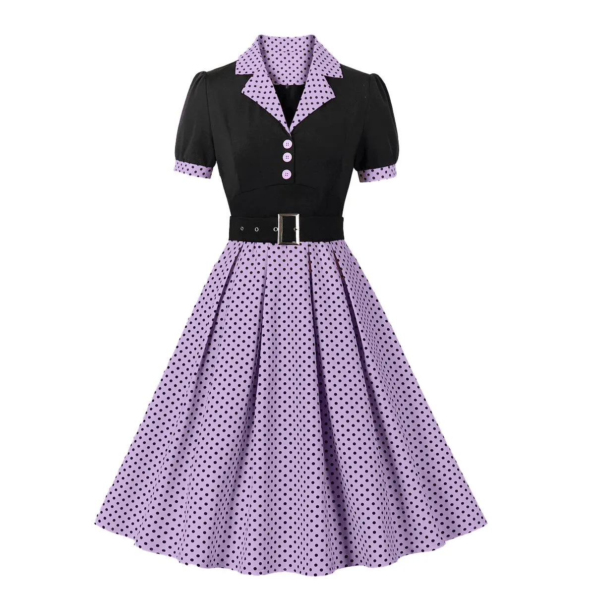 Sukienka w grochy rockabilly z paskiem i krótkim rękawem Fioletowy