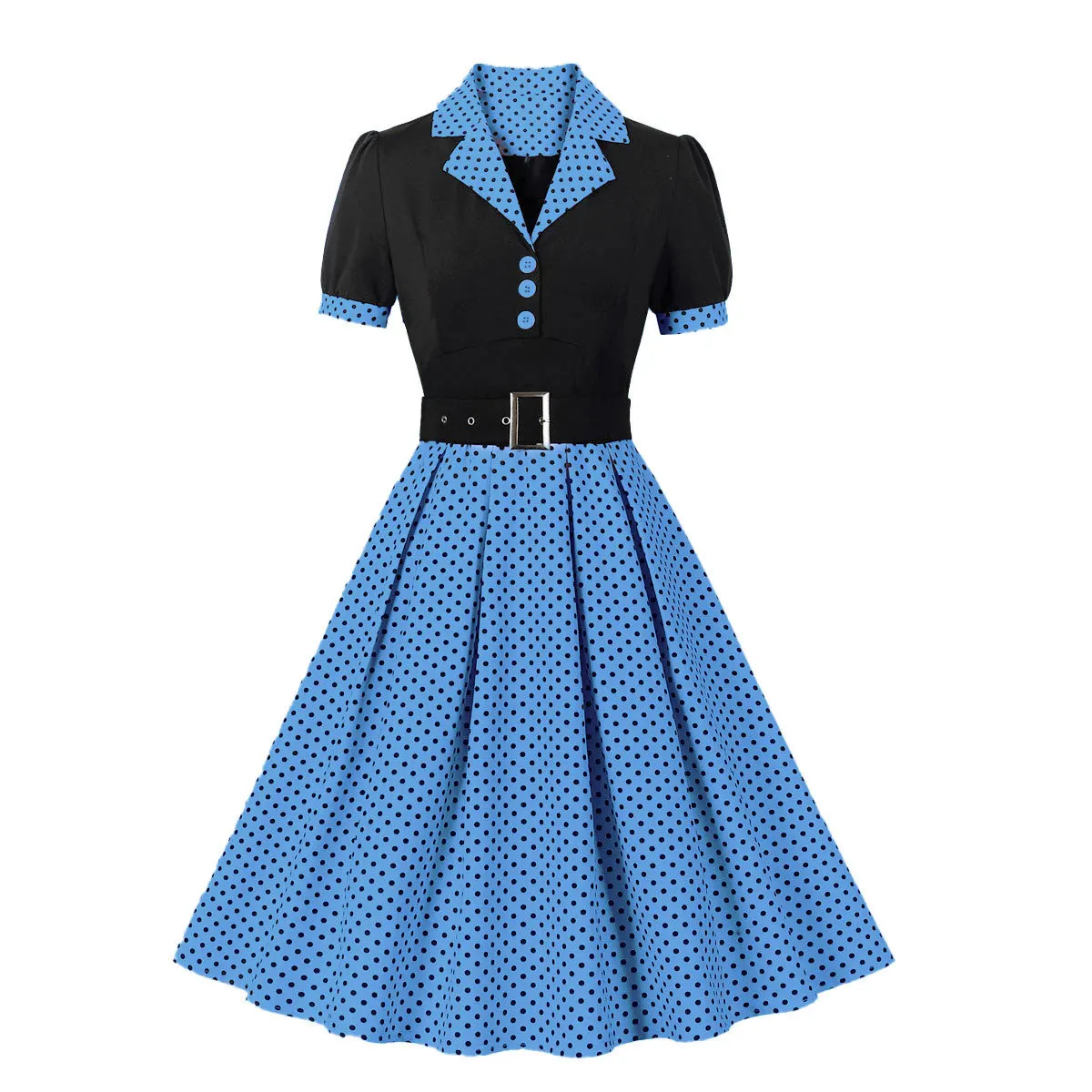 Sukienka w grochy rockabilly z paskiem i krótkim rękawem Niebieski