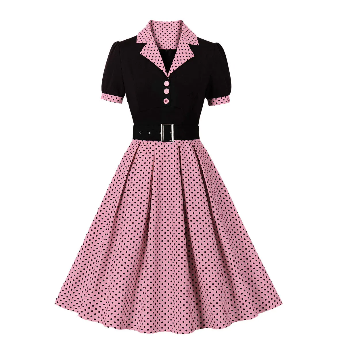 Sukienka w grochy rockabilly z paskiem i krótkim rękawem Różowy