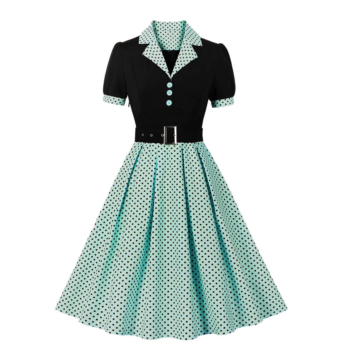 Sukienka w grochy rockabilly z paskiem i krótkim rękawem Zielony
