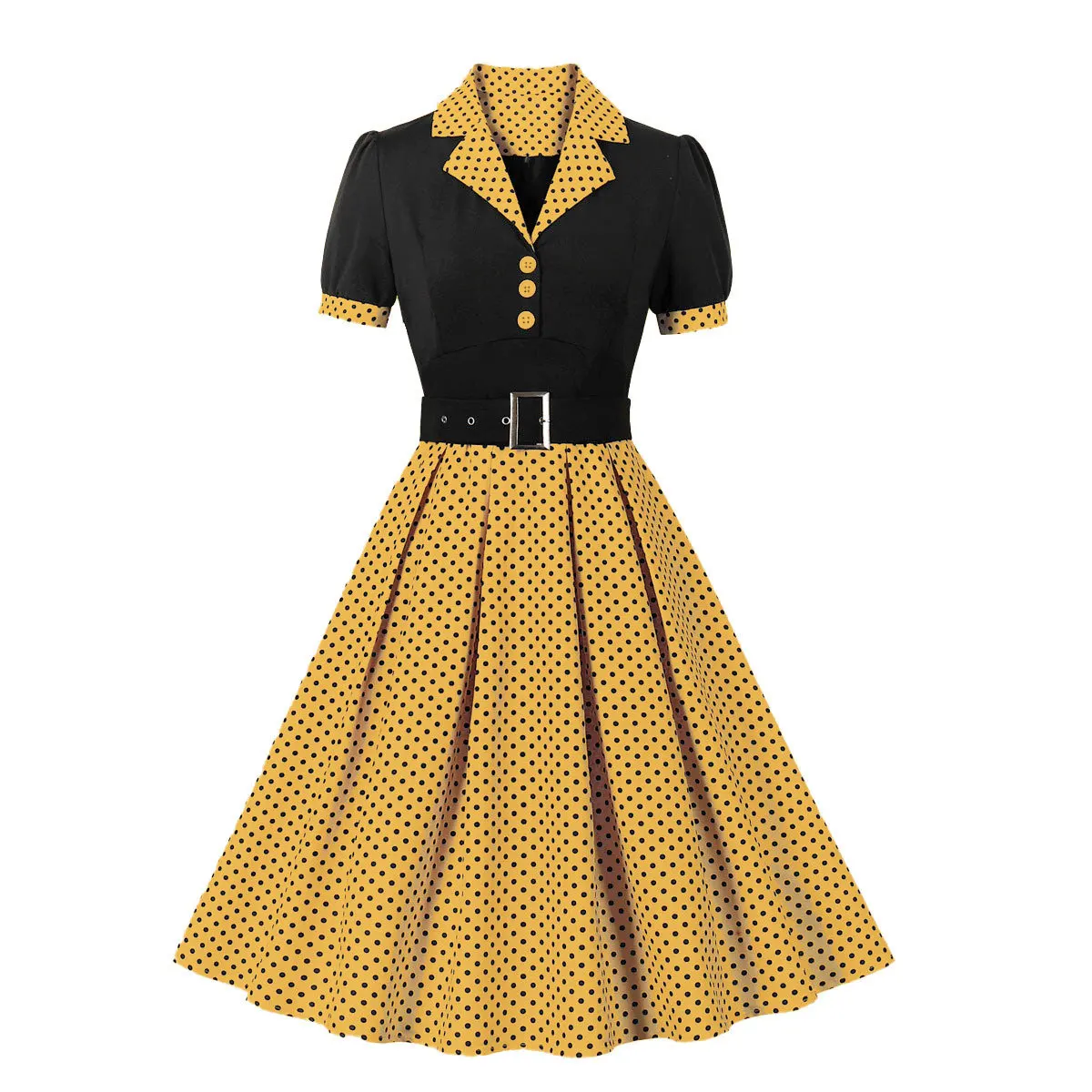 Sukienka w grochy rockabilly z paskiem i krótkim rękawem żółty