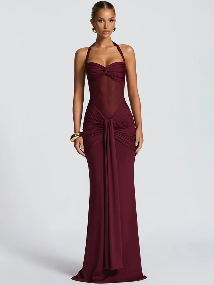 Sukienka halter maxi Mozision marszczona off-shoulder Burgundia