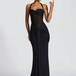 Sukienka halter maxi Mozision marszczona off-shoulder Czarny