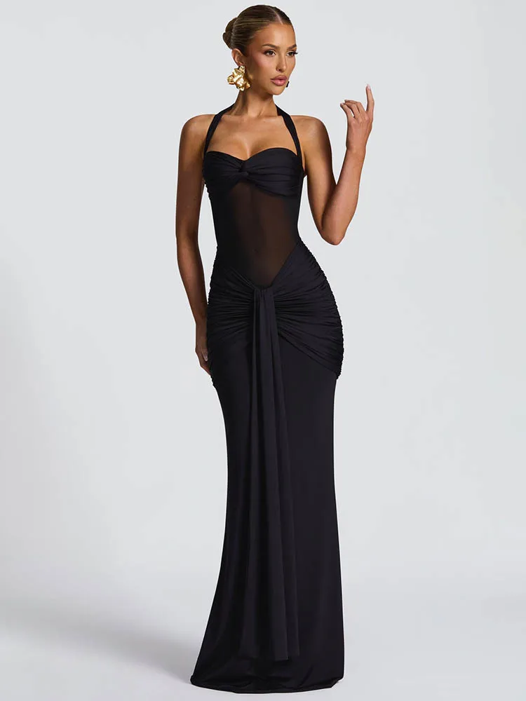 Sukienka halter maxi Mozision marszczona off-shoulder Czarny