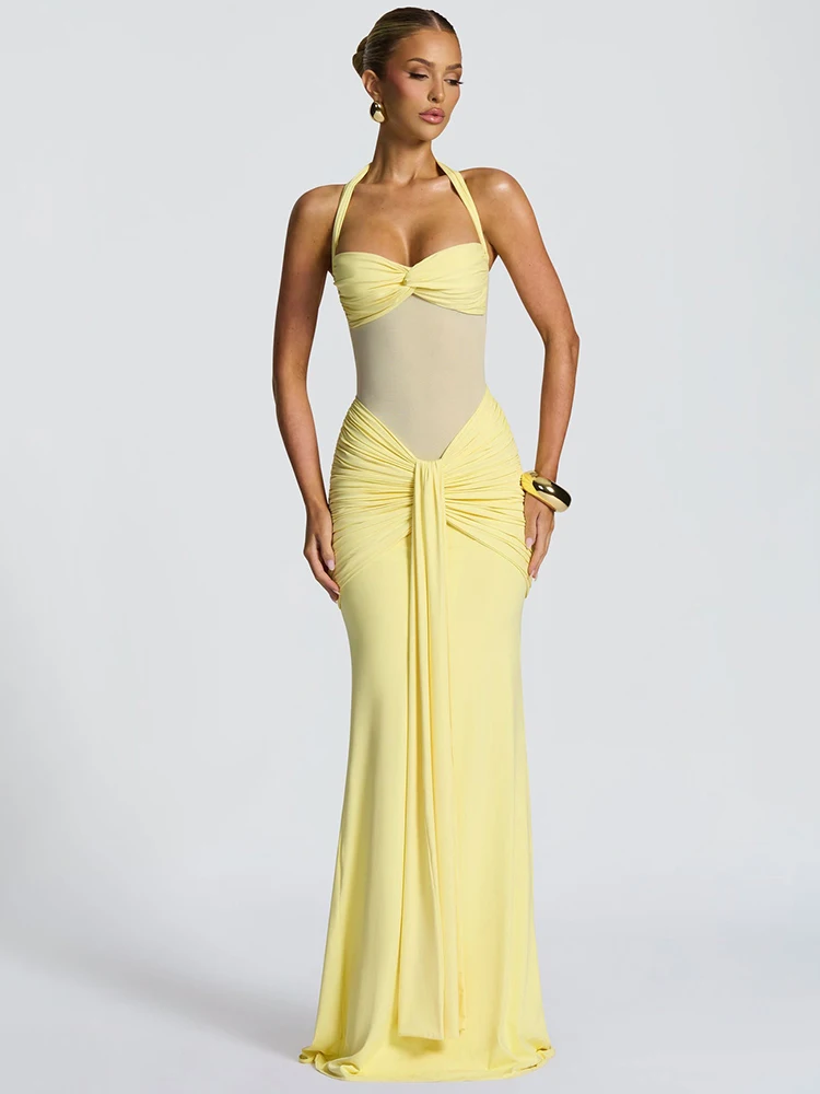 Sukienka halter maxi Mozision marszczona off-shoulder żółty