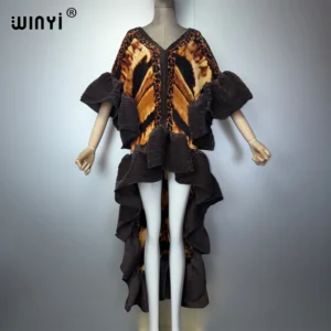 Sukienka kaftan WINYI boho plisowana elegancka wieczorowa Brązowy