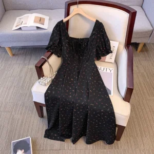 Sukienka w kwiaty plus size z kwadratowym dekoltem letnia French Retro 5XL–9XL Khaki