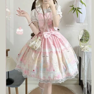 Sukienka w stylu Lolita z szelkami - elegancka JSK na popołudniowe herbatki Różowy