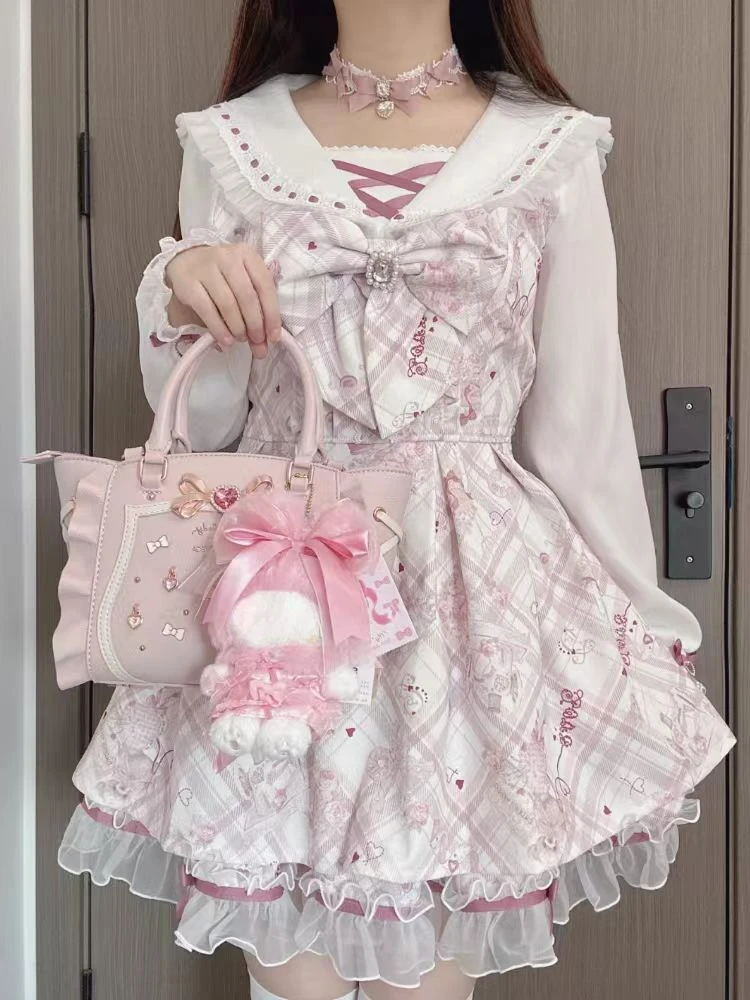 Sukienka Lolita z kokardą i falbankami w stylu kawaii Beżowy
