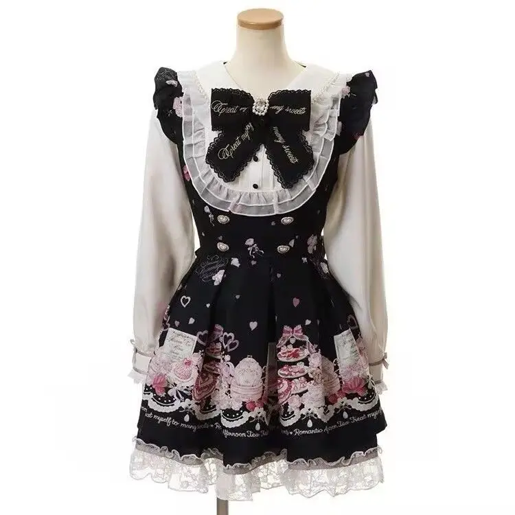 Sukienka Lolita z kokardą i falbankami w stylu kawaii Kolor czerwonego wina