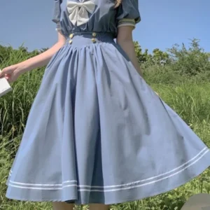 Sukienka w stylu lolita z kołnierzem marynarskim i kokardą Niebieski
