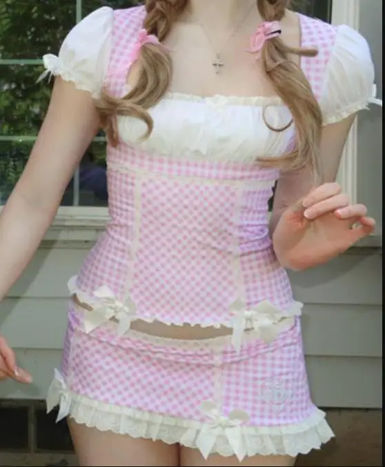 Sukienka Lolita w kratę gingham z bufiastymi rękawami plus size Beżowy