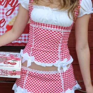 Sukienka Lolita w kratę gingham z bufiastymi rękawami plus size Czarny