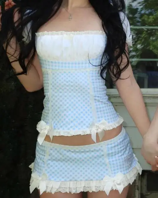 Sukienka Lolita w kratę gingham z bufiastymi rękawami plus size Niebieski