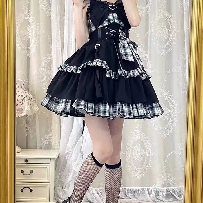 Urocza sukienka Lolita o kroju litery A z patchworkiem Czarny
