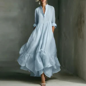 Elegancka sukienka maxi boho z dekoltem w serek i falbaną Błękitny