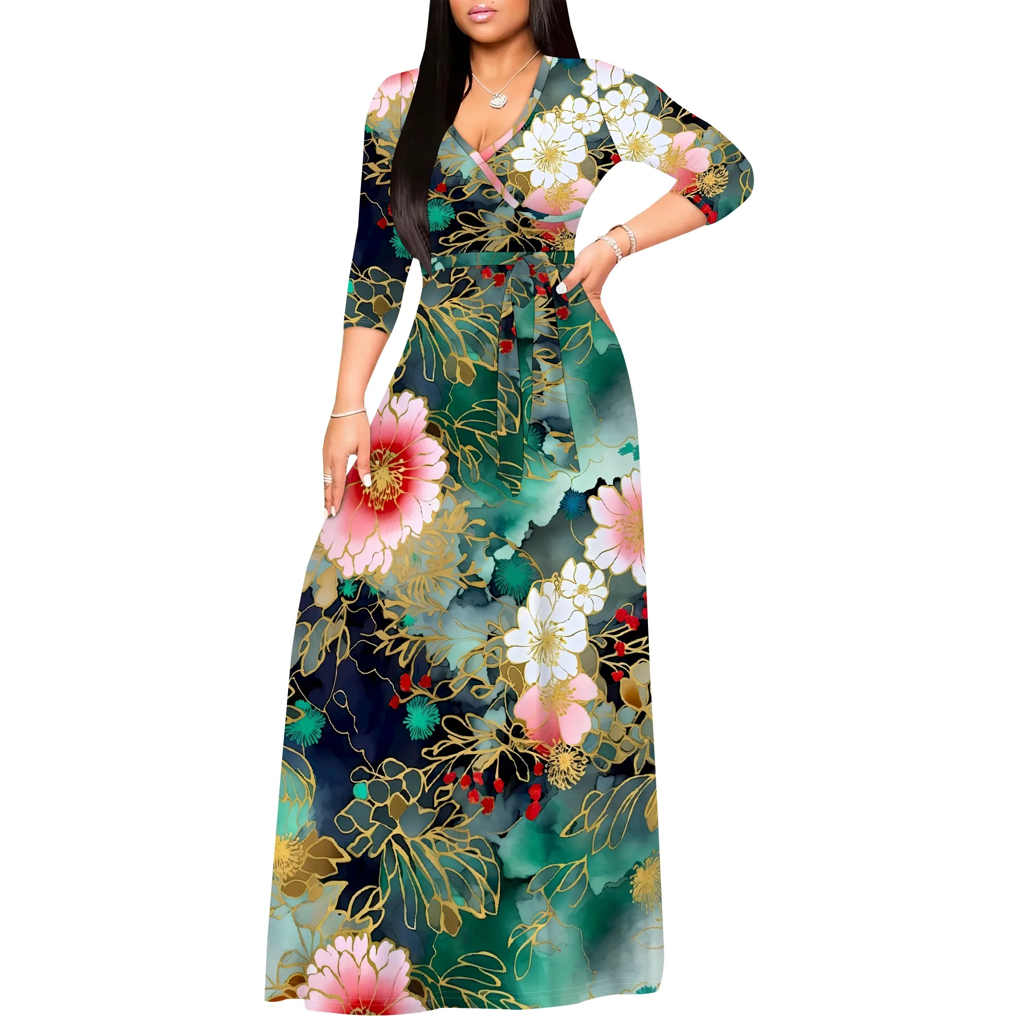Sukienka maxi boho plus size z paskiem Zielony