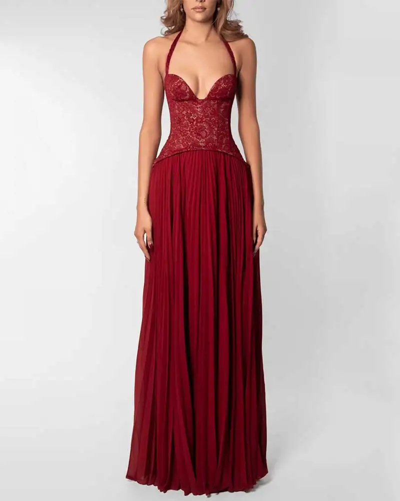 Sukienka maxi z gorsetem halter plisowana wieczorowa Czerwony